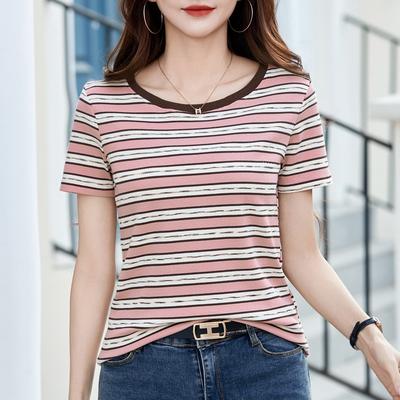 Women's Striped T-shirt Short-sleeved Spring and Summer Outside The New Round Neck Knit Shirt Bottoming Inside The Shoulder Slim Top