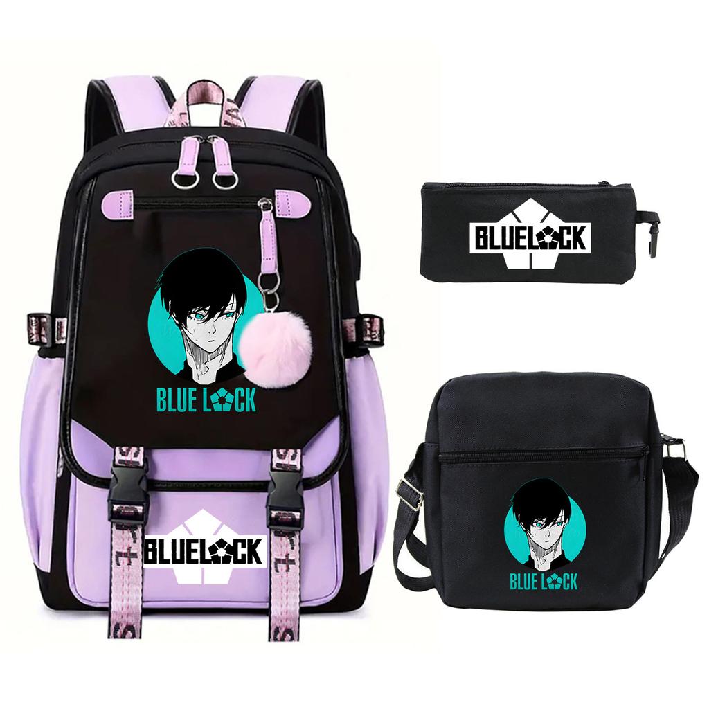 Blue Prison Student School Bag Large Capacity Children'S Shoulder Bag Casual Pencil Bag Set