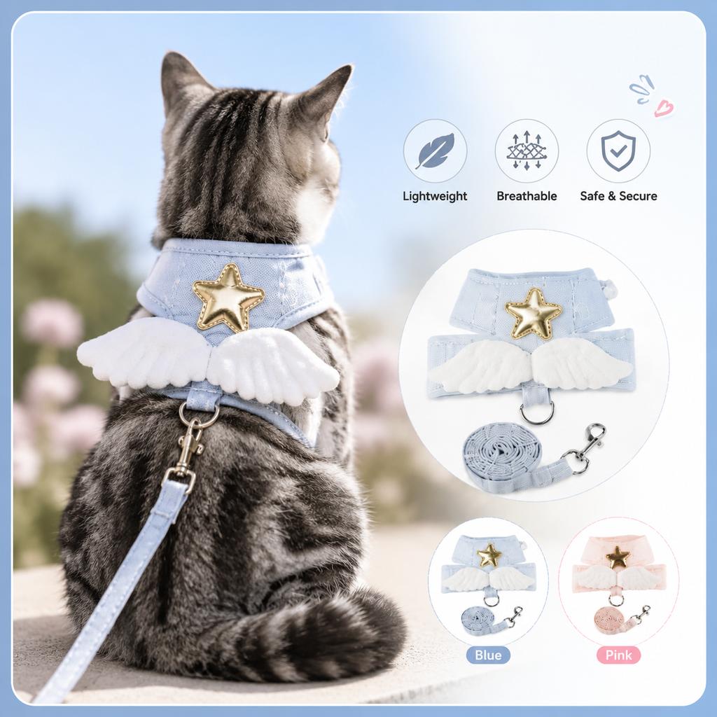 Angel Wing Cat Harness and Leash Set, Cute Kitten Vest Harness Escape-Proof Soft Mesh Walking Harness for Cats Small Dogs