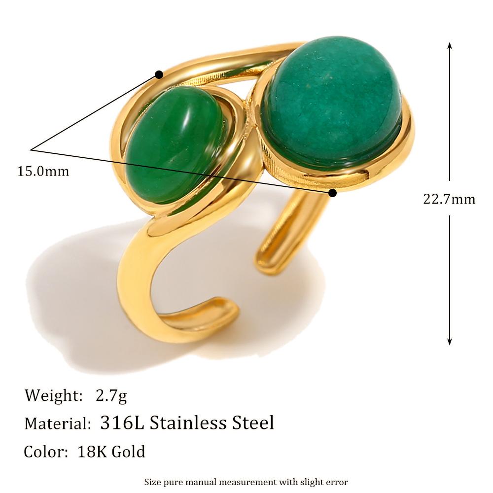 MamacitaSlay Unique 18K Gold Plated Stainless Steel Natural Stone Opening Ring Waterproof Jewelry Women's Retro Elegant Jewelry