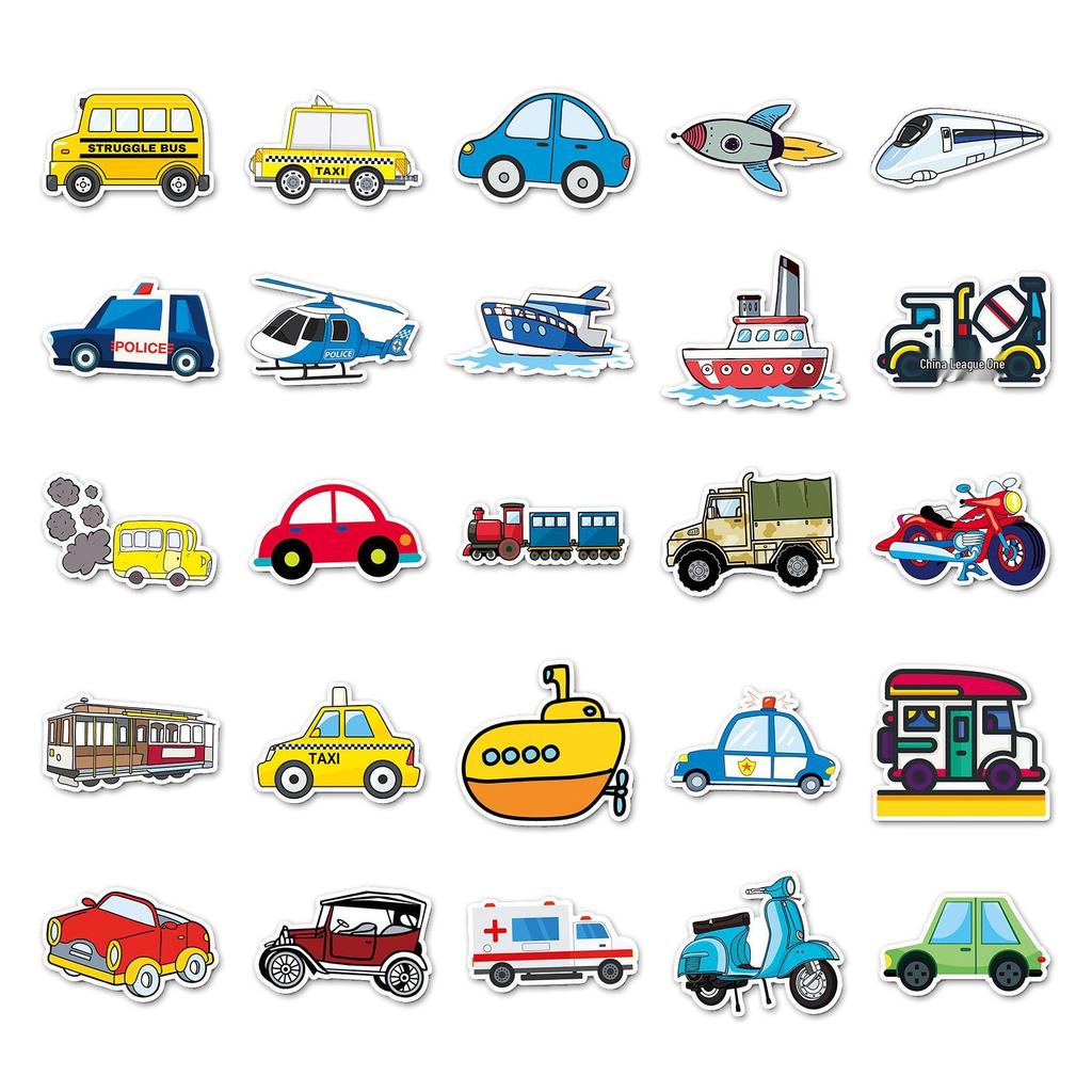 100 Creative Cartoon Vehicle Stickers for DIY, Journals, Phones, and Stationery - Colorful Car Designs