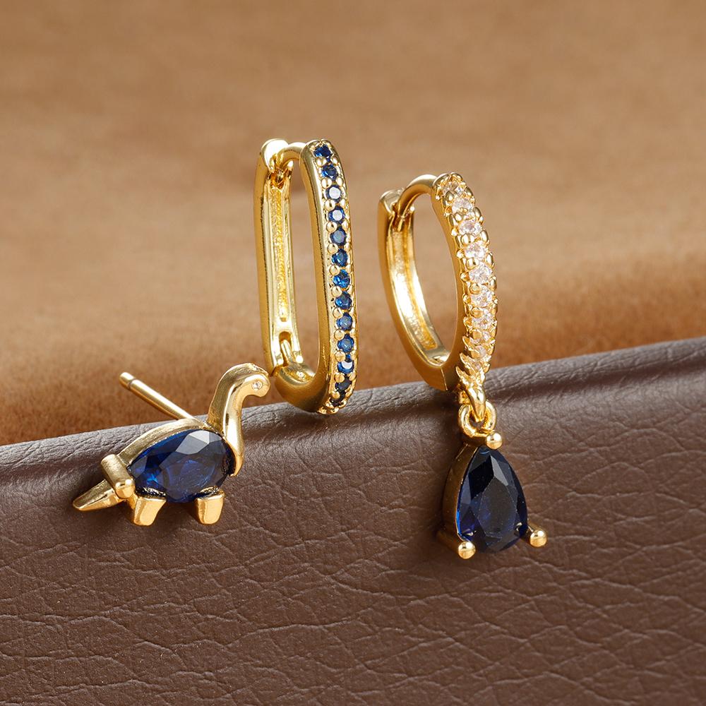 3PCS Fashion Water Drop Huggie Hoop Earrings Set for Women Three-petal Flower Stud Earrings Prevent Allergy Piercing Jewelry