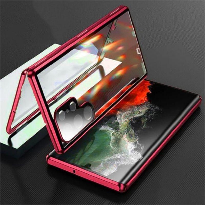 

360° металлический двухсторонний стеклянный чехол-защелка для телефона Samsung Galaxy S24 S23 S22 S21 Ultra Plus S23 FE Защитная крышка объектива Galaxy S21 красный