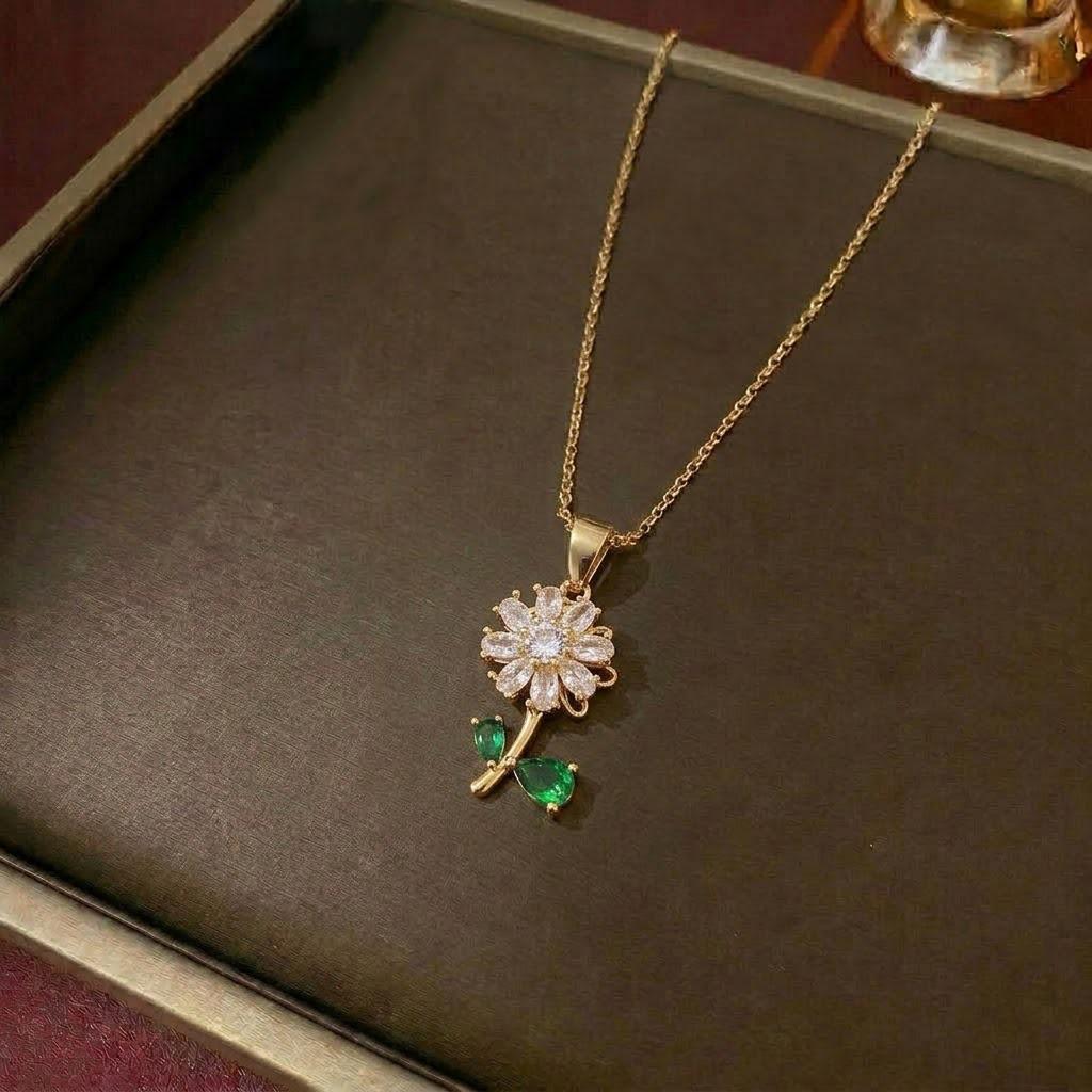 European & American Women's Zircon Flower Necklace & Rotatable Pendant Earrings Set