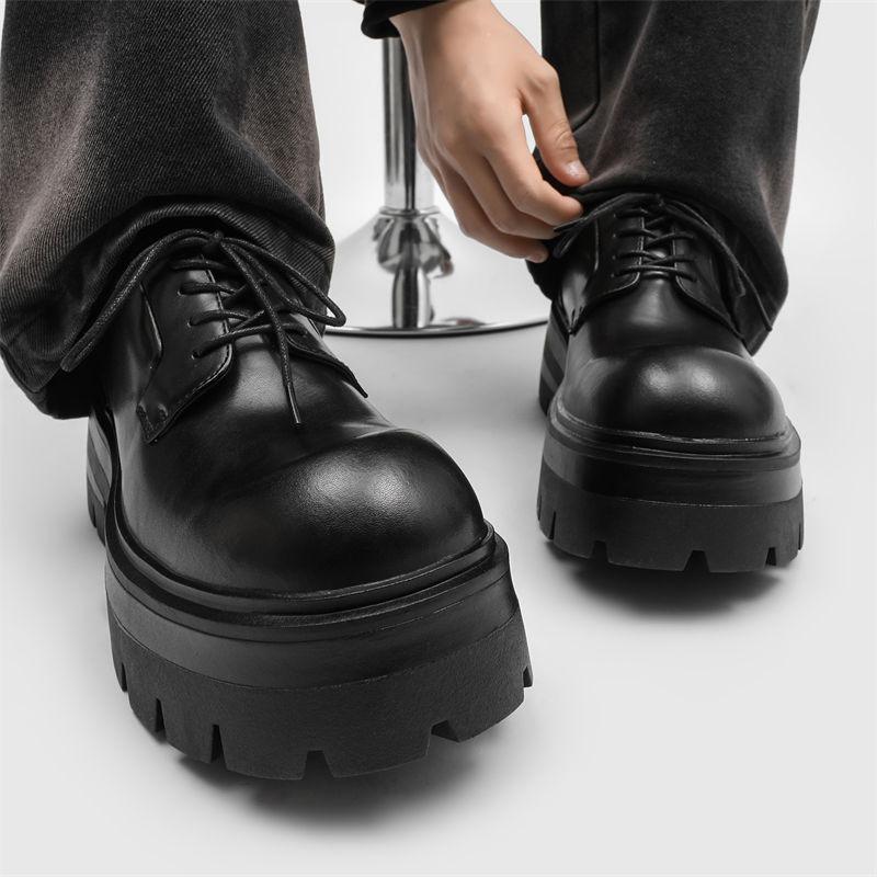 Thick-soled Derby Shoes for Men's Advanced Sense, Black Heightening Big Head Leather Shoes