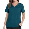 Women's Uniform Color V-Neck Pocket Side Slit Uniform Short Sleeved Top Top