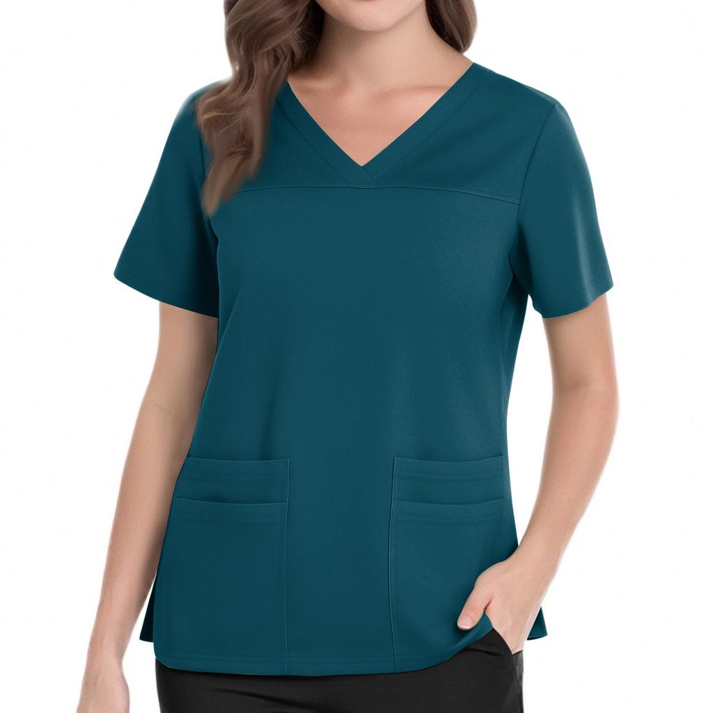 Women's Uniform Color V-Neck Pocket Side Slit Uniform Short Sleeved Top Top