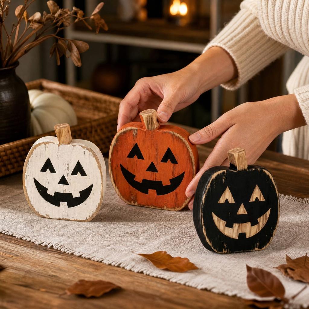 Halloween Wooden Pumpkin Decorations Set of 6 - Rustic Tabletop Centerpiece for Fall Mantel Shelf Party