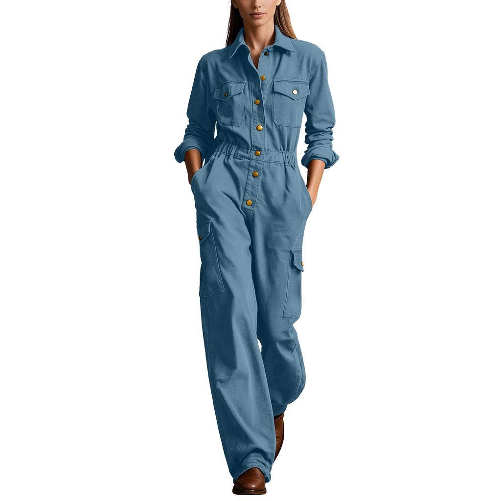 Women's Color Cargo Pocket Jumpsuit with Notched Collar, Long Sleeves and Fitted Waist