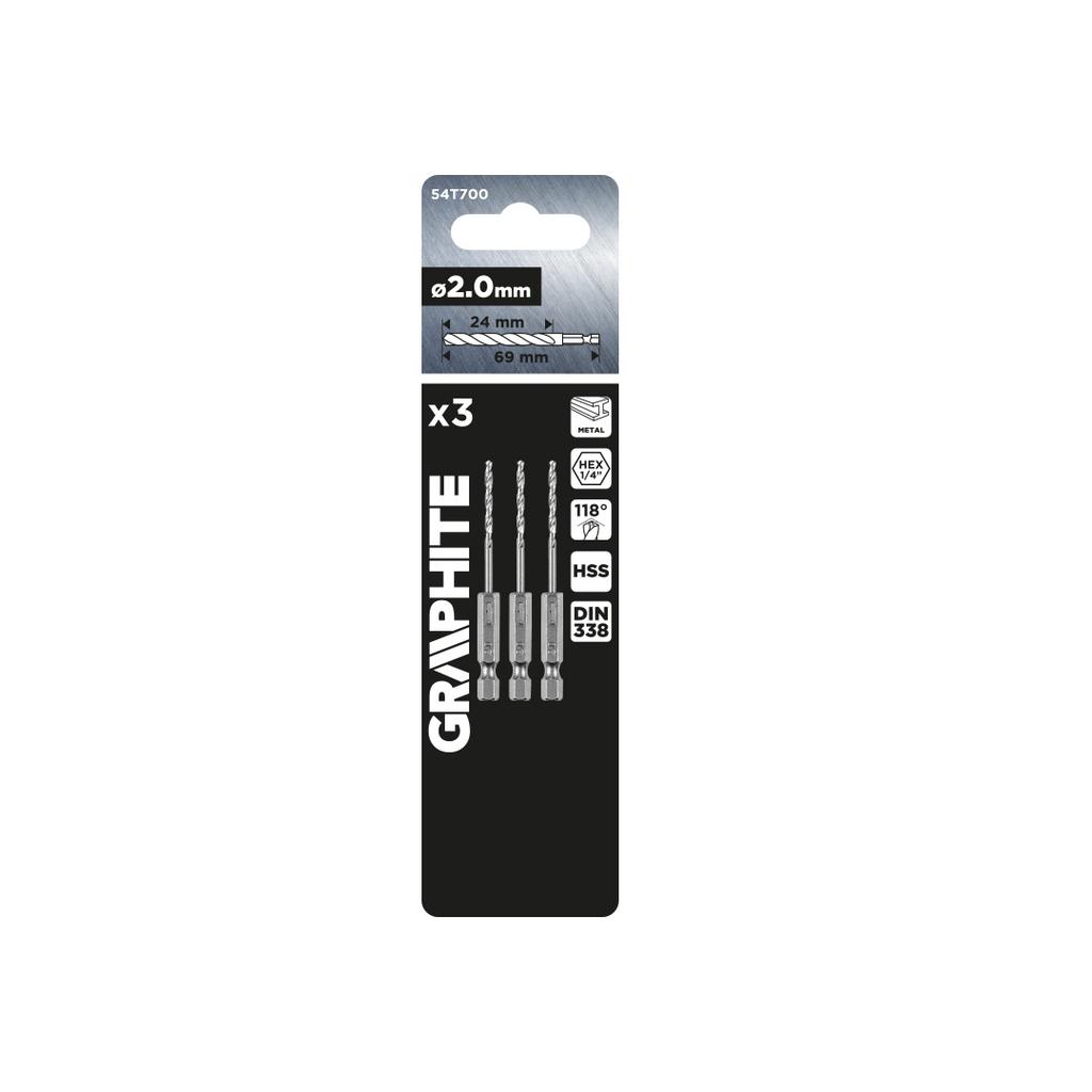 Hex metal drill bit 2.0 mm, 3 pcs.
