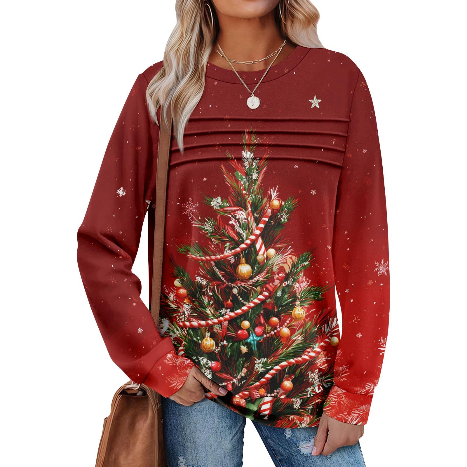 

Women s Casual Long Sleeve Round Neck Sweatshirt Fit Pleated Top M червоний