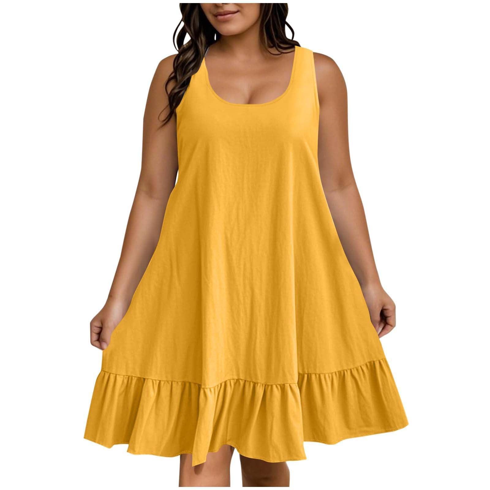 

Women s Plus Size Casual Fashion Solid Color Round Neck Sleeveless Dress XL жовтий