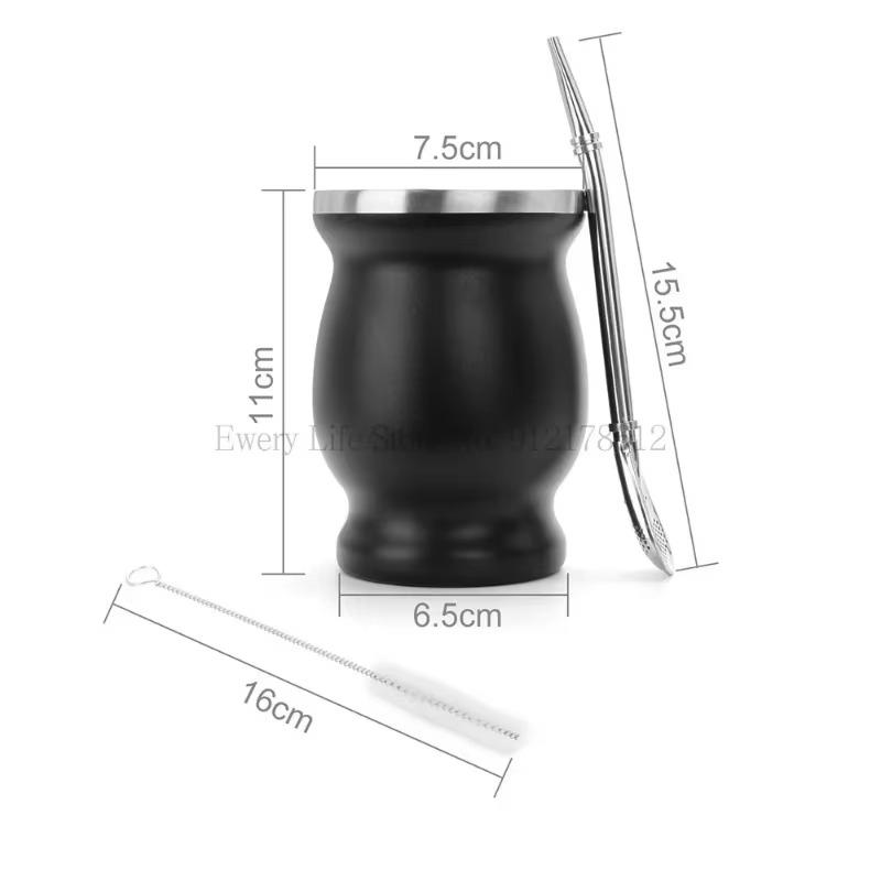 230ML Mate Cup 304 Stainless Steel Double Wall 8oz Portable Tea Mug Mate Tea Gourd with 2 In 1 Straw Spoon Give Cleaning Brush