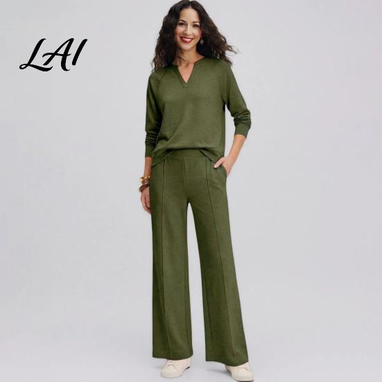 Pullover Sweatpants Set Women Sweatshirt Pants 2-Piece Set V-Neck Long Sleeve Top & Wide Lounge Sets Leg Trousers with Elastic Waist Solid