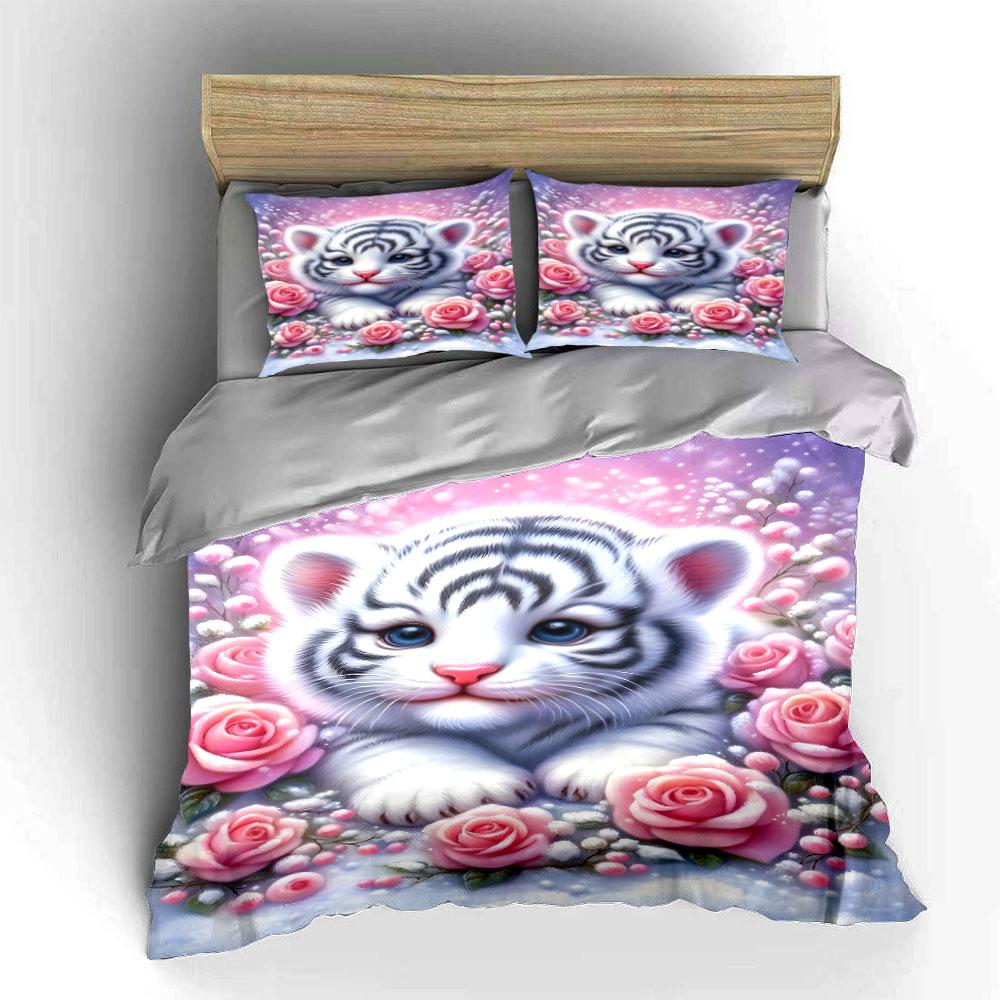 White tiger with roses. Bedding sets Duvet cover sets Duvet covers Pillowcases(1 * Duvet Cover 2 * Pillowcases without duvet insert)