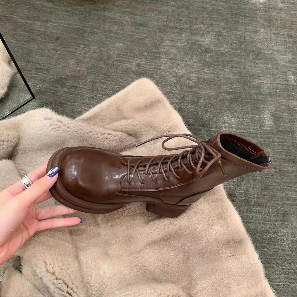 Cowhide grape mother same British style mid-tube boots thick-soled round head lace-up elastic fashion short boots women's Martin boots