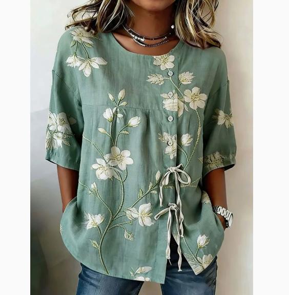 Womens Plus Size 2XL Round Neck Button Down Tie Waist Half Sleeve Floral Print Cardigan Shirt Lightweight Casual Top