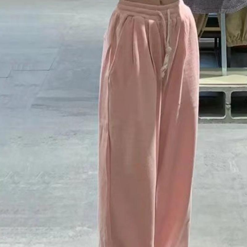 Women's Spring/Summer Thin Korean-Style Waffle-Patterned Pink Wide-Leg Pants - Loose Slim-Fit Straight-Leg Trousers Athletic and Casual Wear