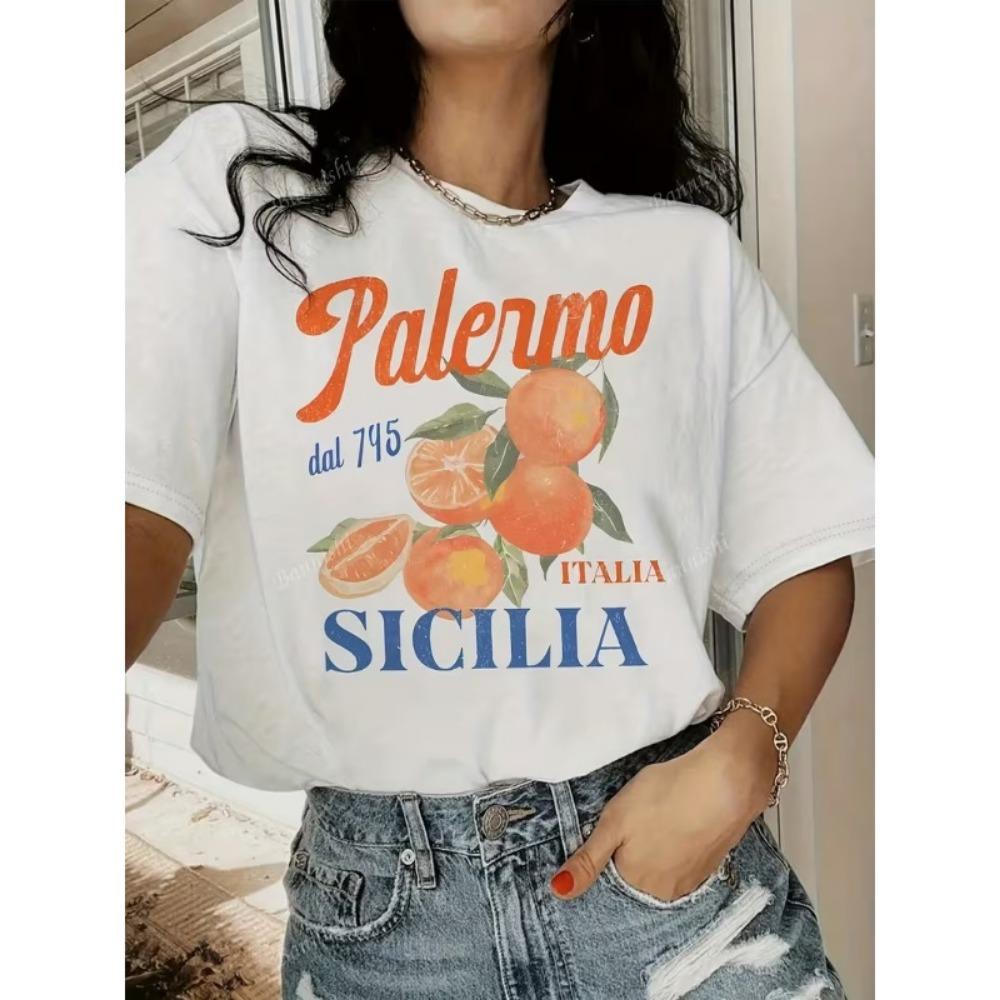 Vintage Orange Letter Print T-Shirt Women's Summer Oversized Tee Fruit Graphic Soft Comfortable Shirt