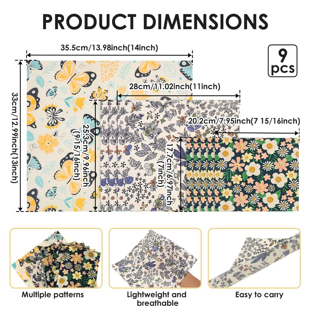 9Pcs Beeswax Food Wrap 3 Sizes Reusable Natural Food Wrap Multi-purpose Organic Cotton Wax Cloth Household Kitchen Picnic Wrap