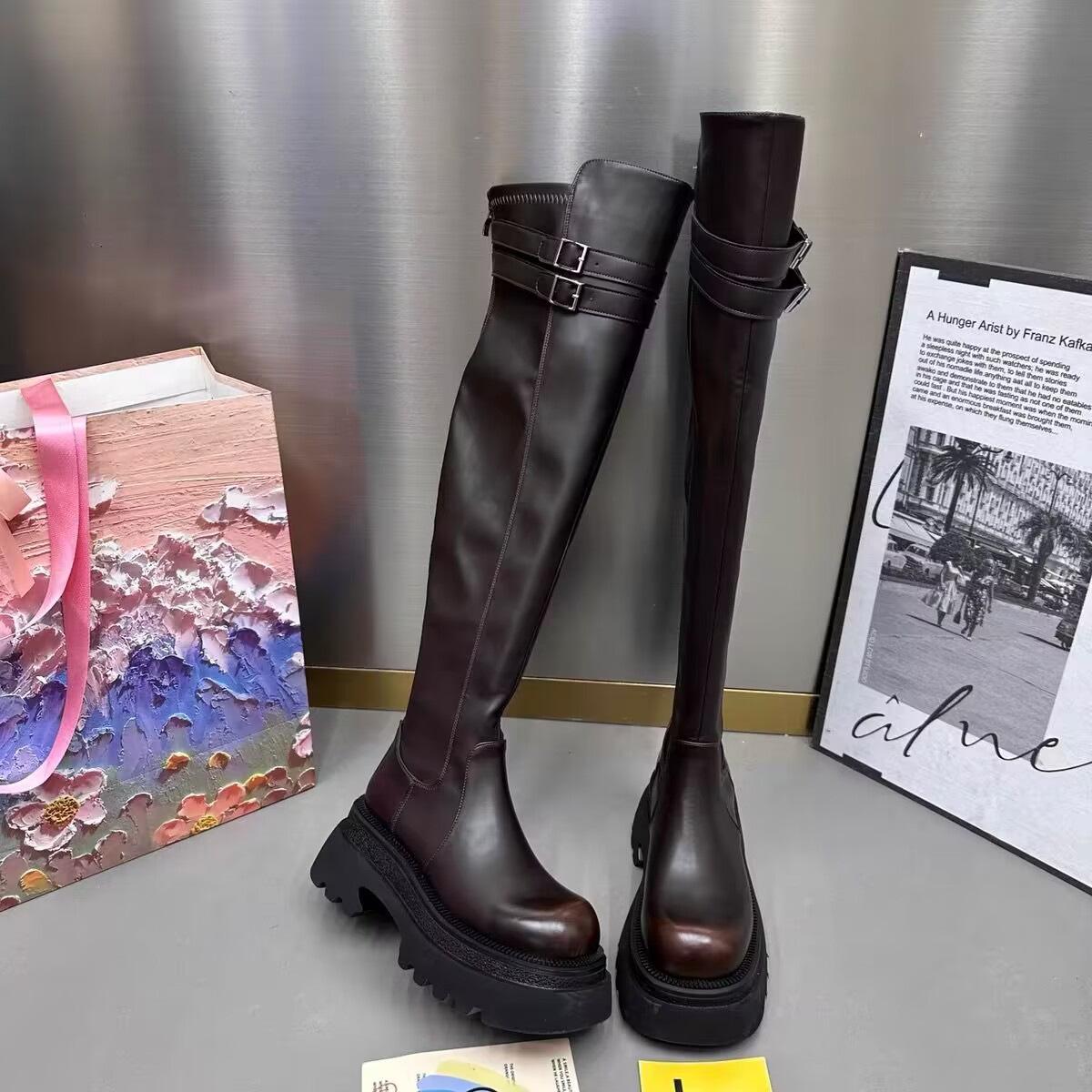 

Maillard платформа ботфорты женские круглый носок 2025 осень и зима маленькие модные ботинки Spice girl задняя молния эластичные ботинки 40 коричневый