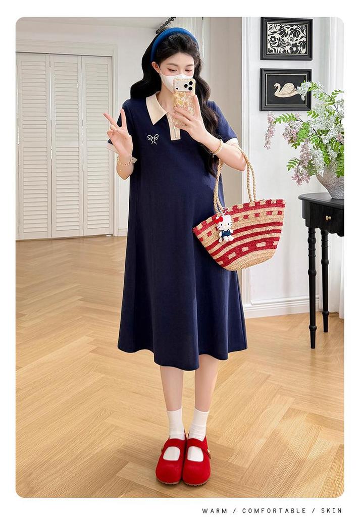 Summer 2026 Maternity Color-Block Zipper Polo Dress - Casual Loose A-Line Mid-Length Skirt