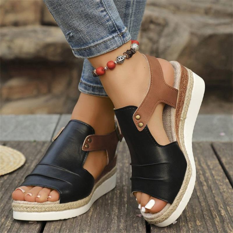 Large Size Straw Woven High-heeled Sandals 22 New Thick-soled Fish Mouth Roman Shoes One-word Buckle High-heeled Sandals