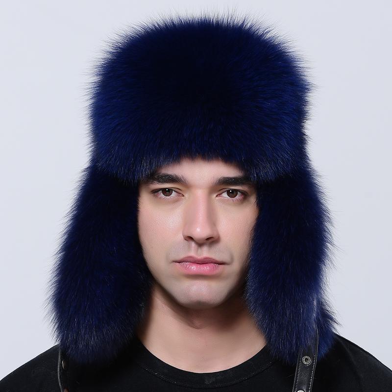 Luxury Men Bomber Hat Winter Warm Thick Fluffy Natural Fox Fur Trapper Ear Hats