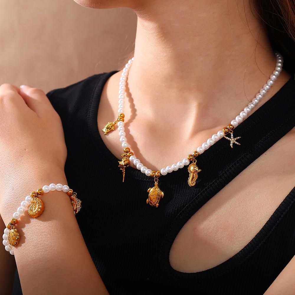 Seaside vacation wind shell starfish imitation pearl bracelet necklace niche design high-end suit women
