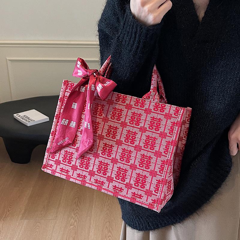 New Wedding Red Fashion Portable Tote Bag Women's Large-capacity Niche Design Baixi Character Canvas Wedding Bag