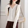 Women's 100% Wool V-Neck Cable Knit Cardigan