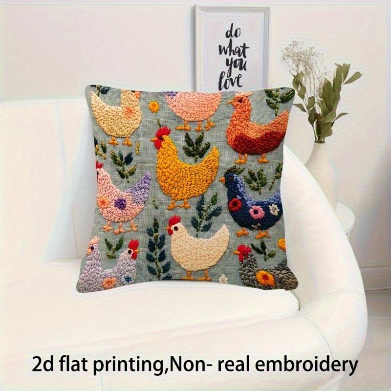 Colorful Chicken Floral Faux Embroidery Pillow Cover 2D Print Rustic Farmhouse Decor Soft Linen Feel For Sofa Bed Living Room