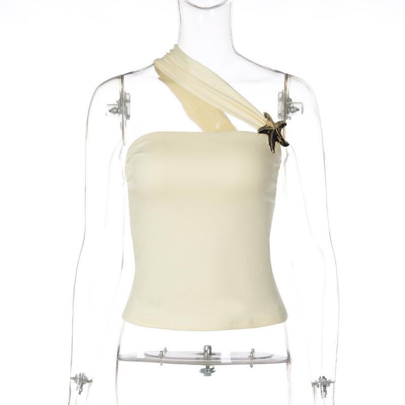 

Spring Arrival: Women s Fashionable Asymmetrical One-Shoulder Top with Gold Button Detail Large абрикосовий