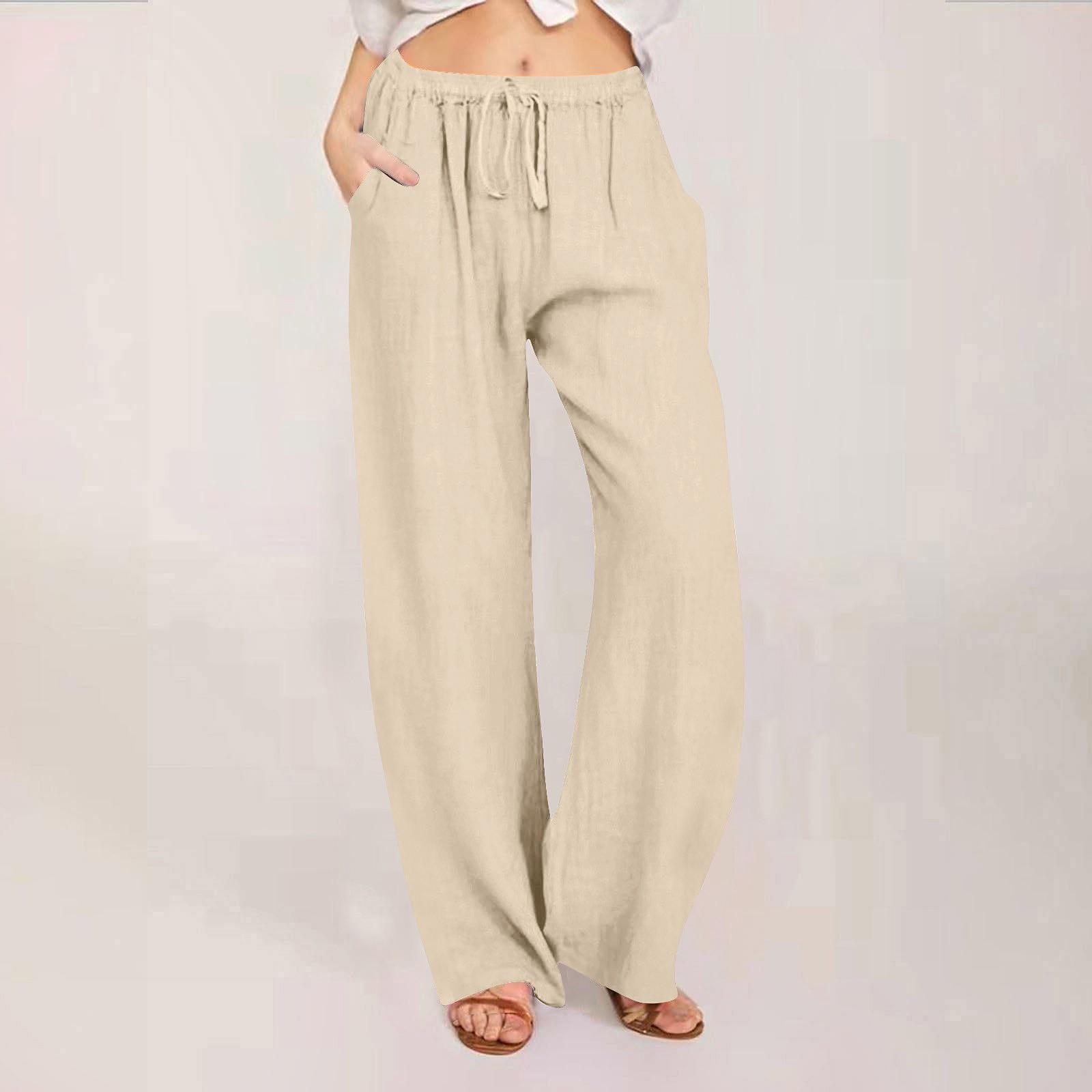 

Летние хлопковые льняные широкие брюки, женские свободные брюки-палаццо, повседневные брюки с карманами и эластичной резинкой на талии, пуговицы XL хаки