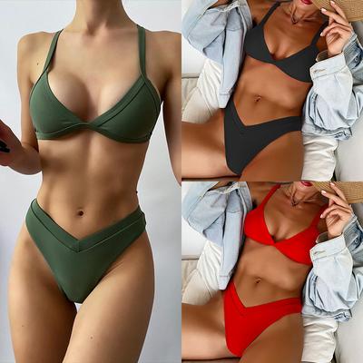 Bikini sexy da donna con scollo all'americana a vita bassa a forma di V coperto con coppa a triangolo tinta unita