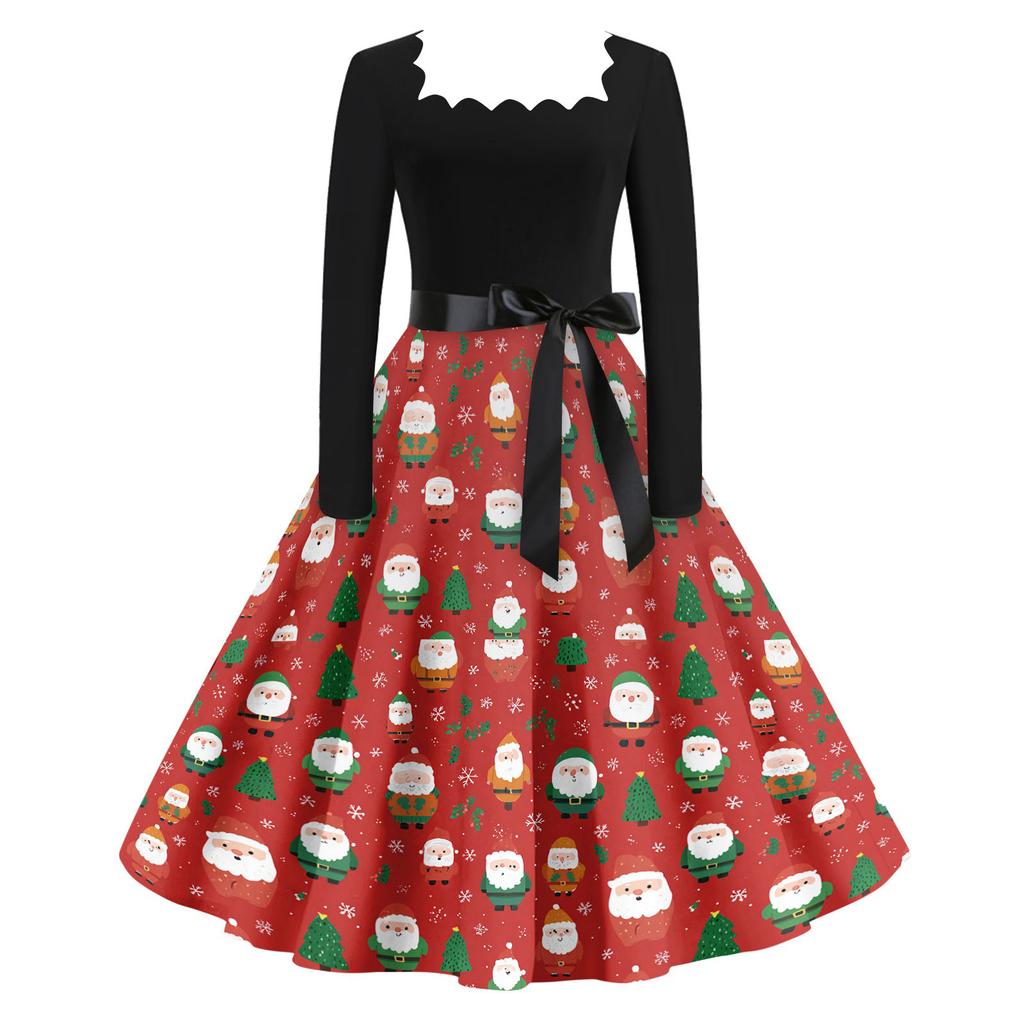 Women's Casual Fashion V Neck Christmas Printed Vintage Dress