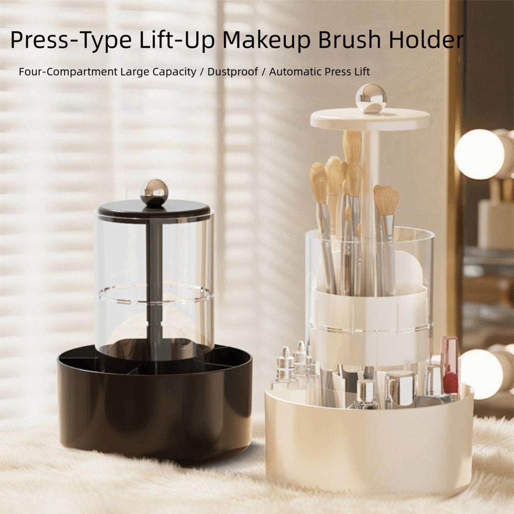 4 Slots Makeup Brush Holder Plastic Material Press Type Cosmetic Storage Box 360-Degree Rotatable Lifting Design