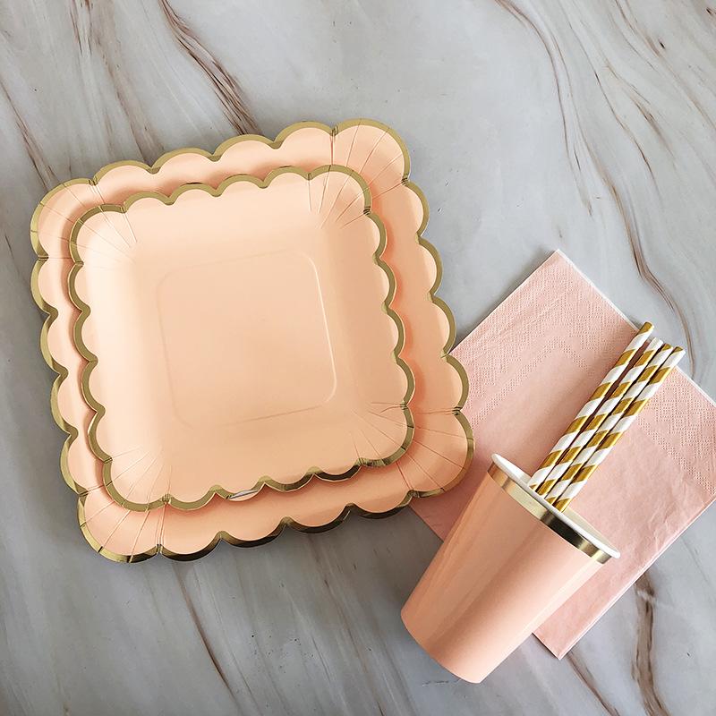 Gold Foil Pink Birthday Wedding Decor Cake Dish Disposable Tableware Carnivals Party Supplies Paper Plate Cup Baby Shower Favors