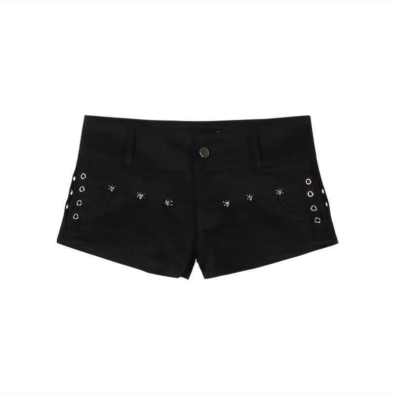 Shorts di Jeans Neri a Vita Bassa con Borchie Y2K da Donna Bodycon Sexy Bottoms Hot Girl con Cintura Decorativa Subcultura Streetwear Outfit Estivo Quotidiano Alla Moda