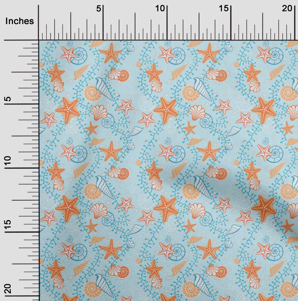 oneOone Cotton Flex Baby Blue Fabric Beach Seashell Quilting Supplies Print Sewing Fabric By The Yard 40 Inch