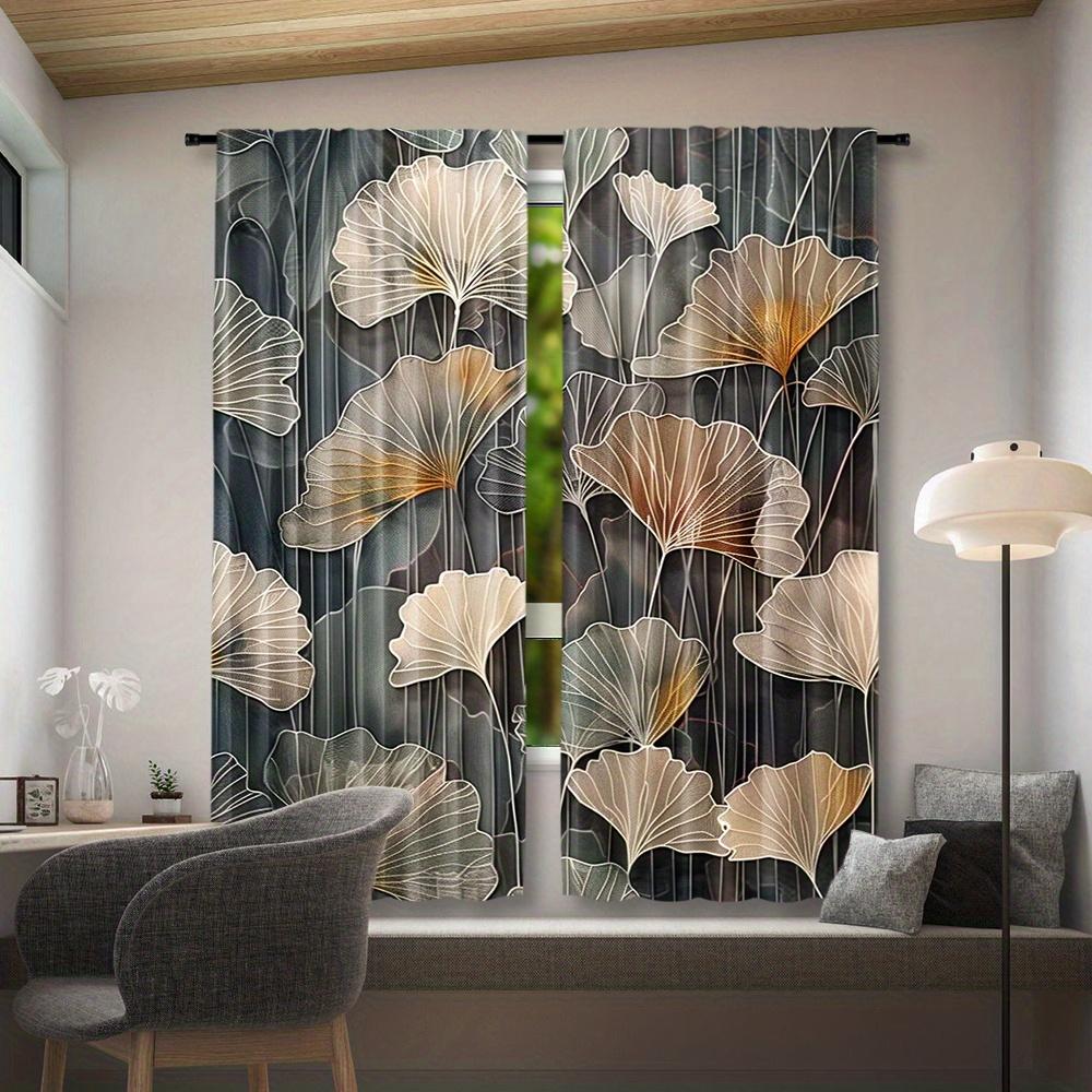 2pcs Stylish Leaf Print Curtains for Living Room   Bedroom & Balcony - Semi-Transparent Polyester Rod Pocket Window Treatments wi
