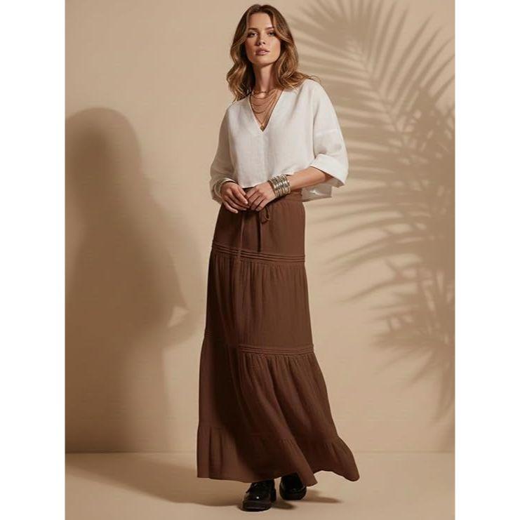 Jupe Maxi d'Été pour Femme à Volants sur l'Ourlet en PolyMélange | Jupes Longues Taille Haute | Jupe Unie Fluide Coupe A pour Toutes les Occasions | Style Bohème Élégant