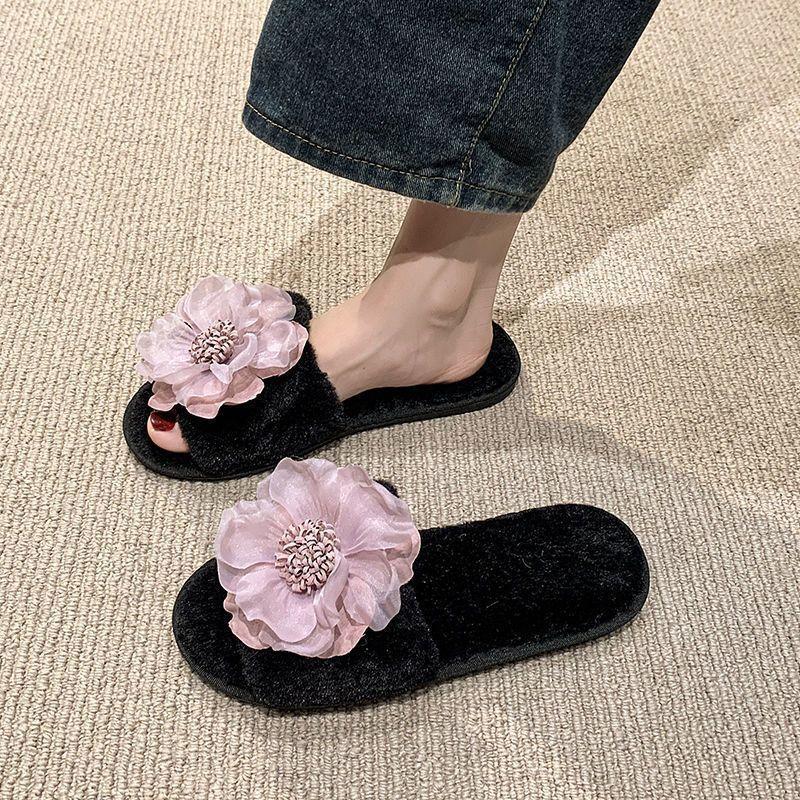 Flower decoration flat-bottomed plush cotton slippers 2025 autumn and winter new casual low-heeled indoor and outdoor one-word slippers women