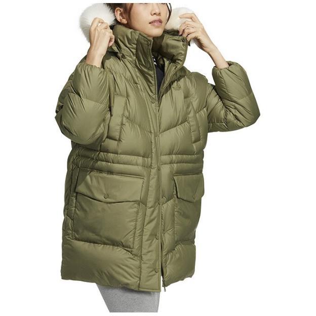 Adidas Originals Down Jacket Solid Color Zipper Stand Collar Hooded Duck Down Coat Women Jackets Green HS9515