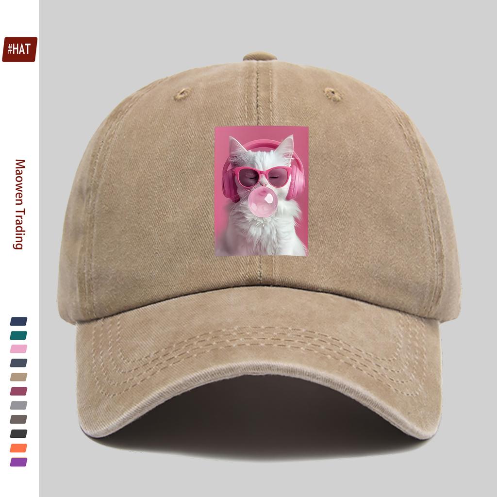 Pc Printed Cat Wearing Pink Headphones And Glasses Blowing Bubblegum Pattern Baseball Cap Comfortable Casual Printed Design De
