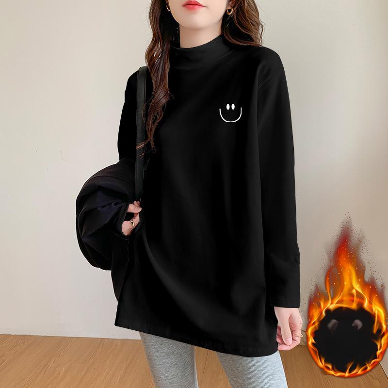 turtleneck bottoming shirt for women, thickened and warm inside, loose large size medium and long top, foreign style long-sleeved T-shirt.