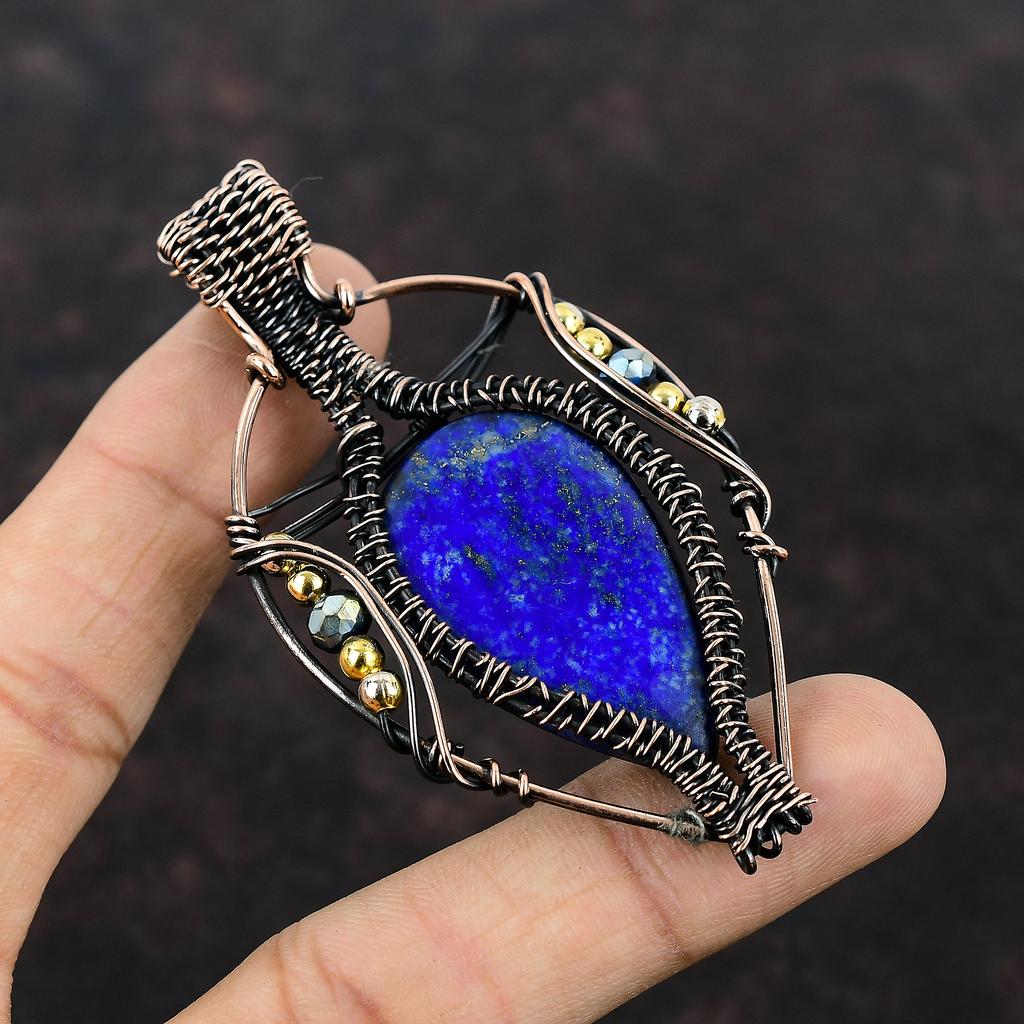 Lapis Lazuli Pendant Copper Wire Wrapped Pendant Titanium Beads Pendant Gemstone Copper Jewelry Designer Pendant Handmade Wire Wrap Jewelry