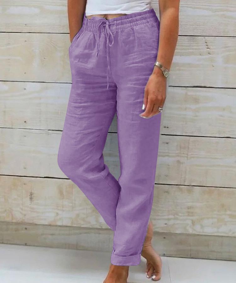 2024 Summer Elastic Waist Cotton Linen Wide-Leg Pants – Women's Loose-Fit Solid Color Trousers