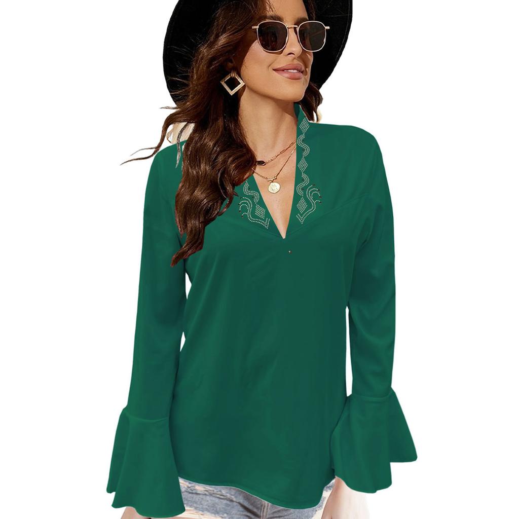 HNXC Women's Autumn Collection: Low-cut, Rhinestone, High-neck, Solid-color Lotus Leaf Long-sleeved Shirt for Women