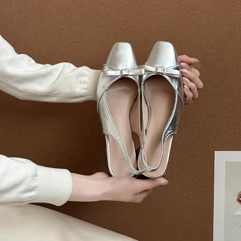 French gentle style temperament lady bow thick heel bag head sandals women's 2025 spring and summer new square head single shoes